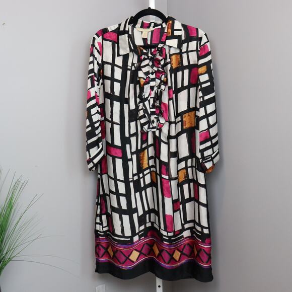 Jonathan Martin Ruffle Front Dress Women’s Size 14 Black Pink Geometric Print - Picture 1 of 8